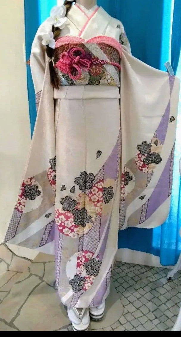 Pure Silk Furisode Full Set with Nishijin Obi - Stain Guard Treated　「Free Shipping Included」