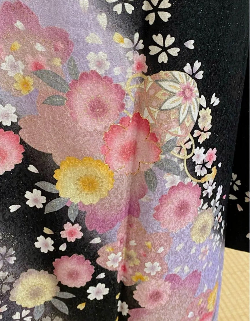 Black Furisode Set with Floral Lamé - Pure Silk - Tall & Relaxed Fit　「Free Shipping Included」