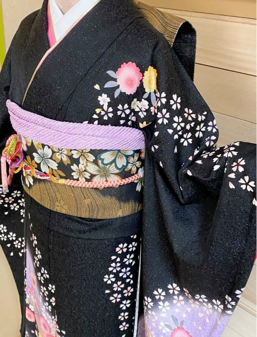 Black Furisode Set with Floral Lamé - Pure Silk - Tall & Relaxed Fit　「Free Shipping Included」