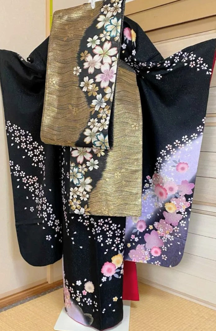 Black Furisode Set with Floral Lamé - Pure Silk - Tall & Relaxed Fit　「Free Shipping Included」