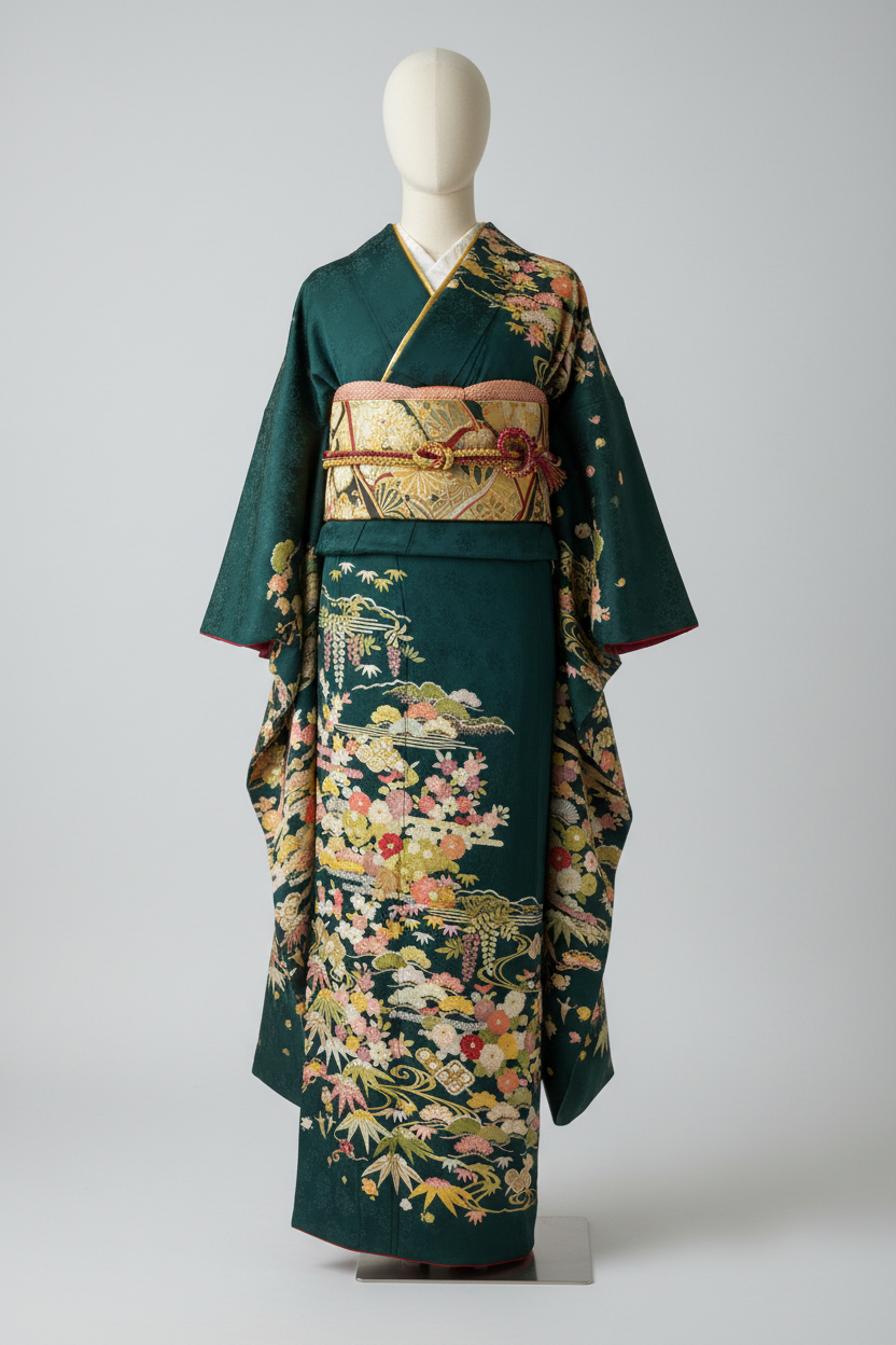 Furisode Full Set | Deep Green | Chrysanthemum & Shochikubai | Gold Thread | Pure Silk | Free Shipping