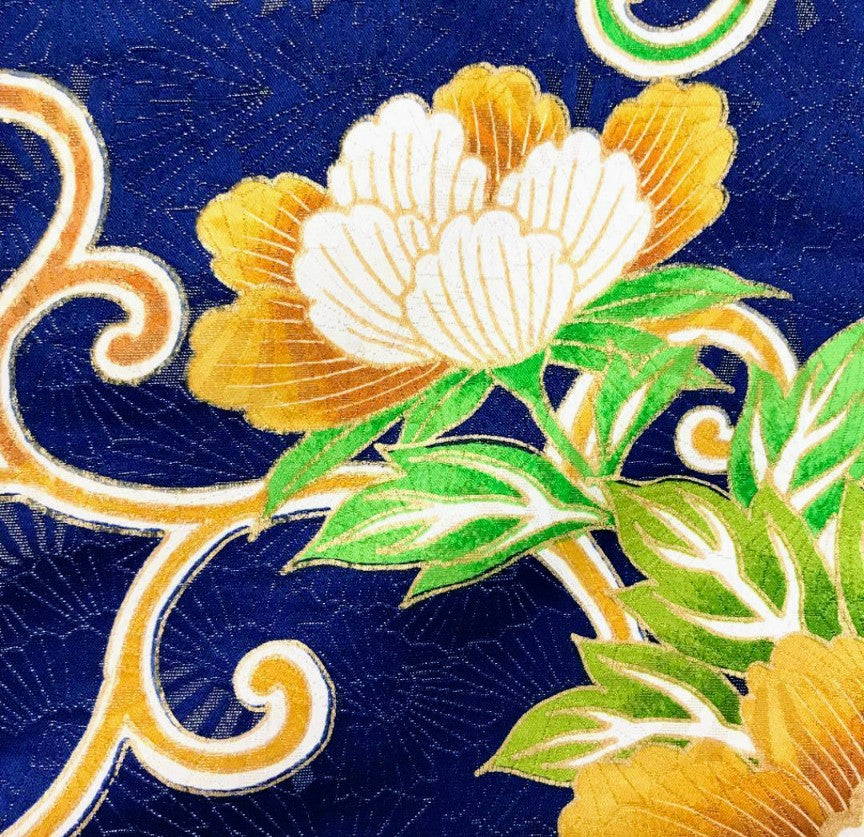 Pure Silk Furisode & Saga Nishiki Obi 2-Piece Set - Navy Peony Floral Arabesque with Gold Thread - Pre-Owned　「Free Shipping Included」