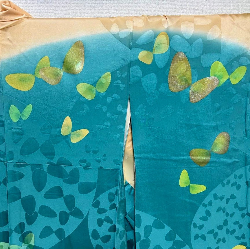 Luxurious Furisode 4-Piece Set | Turquoise Blue Butterfly | Tall Size | Free Shipping