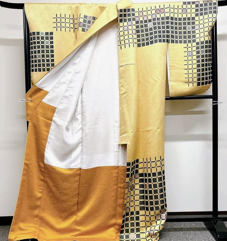 Kubota Itchiku Hōmongi & Fukuro Obi Set - Rare Checkered Pattern with Kanoko & Gold Silver Thread - Pure Silk - Pre-Owned