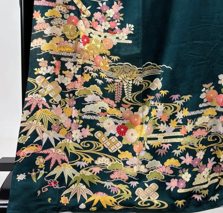 Furisode Full Set | Deep Green | Chrysanthemum & Shochikubai | Gold Thread | Pure Silk | Free Shipping