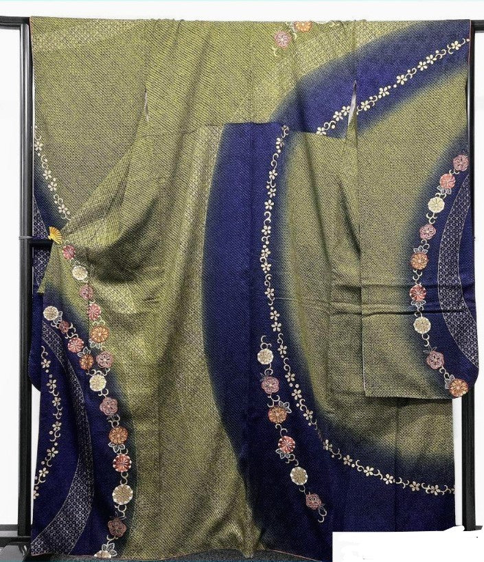 Pure Silk So-Shibori & Embroidery Furisode & Fukuro Obi 2-Piece Set - Deep Green Blue Purple Gradation with Gold - Phoenix & Chrysanthemum Obi - Pre-Owned　　　「Free Shipping Included」