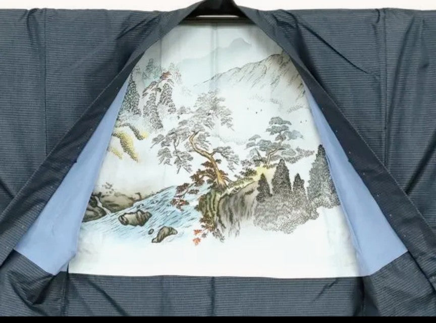 Men's Authentic Oshima Tsumugi 3-Piece Ensemble - Kimono, Long Haori & Juban - Abstract Pattern with Certificate - Pre-Owned