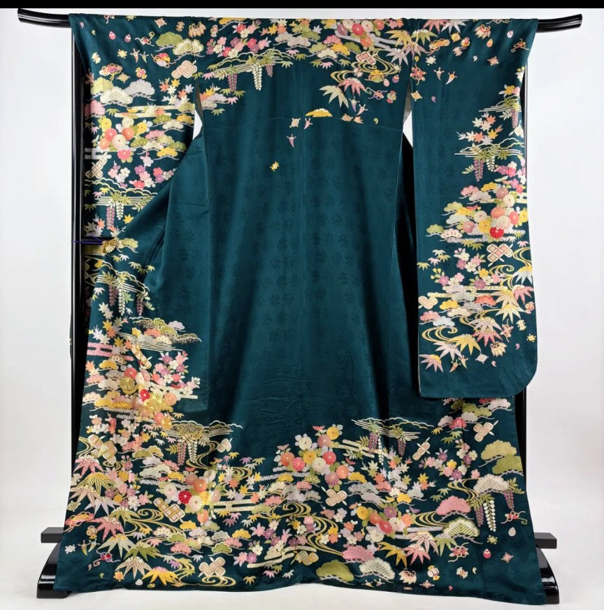Furisode Full Set | Deep Green | Chrysanthemum & Shochikubai | Gold Thread | Pure Silk | Free Shipping