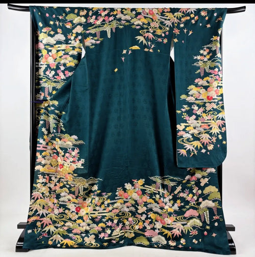Furisode Full Set | Deep Green | Chrysanthemum & Shochikubai | Gold Thread | Pure Silk | Free Shipping