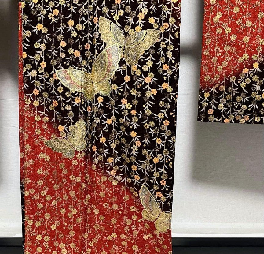 Pure Silk Furisode & Fukuro Obi 2-Piece Set - Butterfly & Weeping Branch with Gold Embellishments, Fukuro obi (formal sash) with butterfly embroidery and gold thread.　「Free Shipping Included」