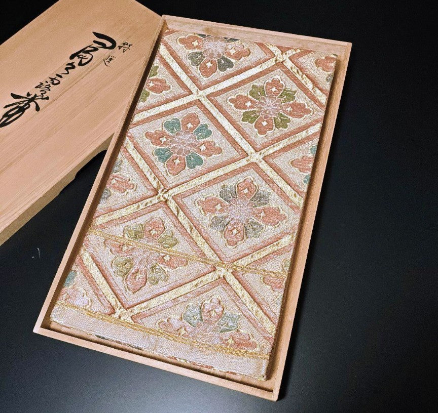 Pure Silk Furisode & Saga Nishiki Obi 2-Piece Set - Navy Peony Floral Arabesque with Gold Thread - Pre-Owned　「Free Shipping Included」
