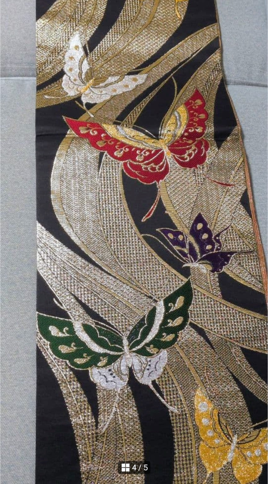 Pure Silk Furisode & Fukuro Obi 2-Piece Set - Butterfly & Weeping Branch with Gold Embellishments, Fukuro obi (formal sash) with butterfly embroidery and gold thread.　「Free Shipping Included」