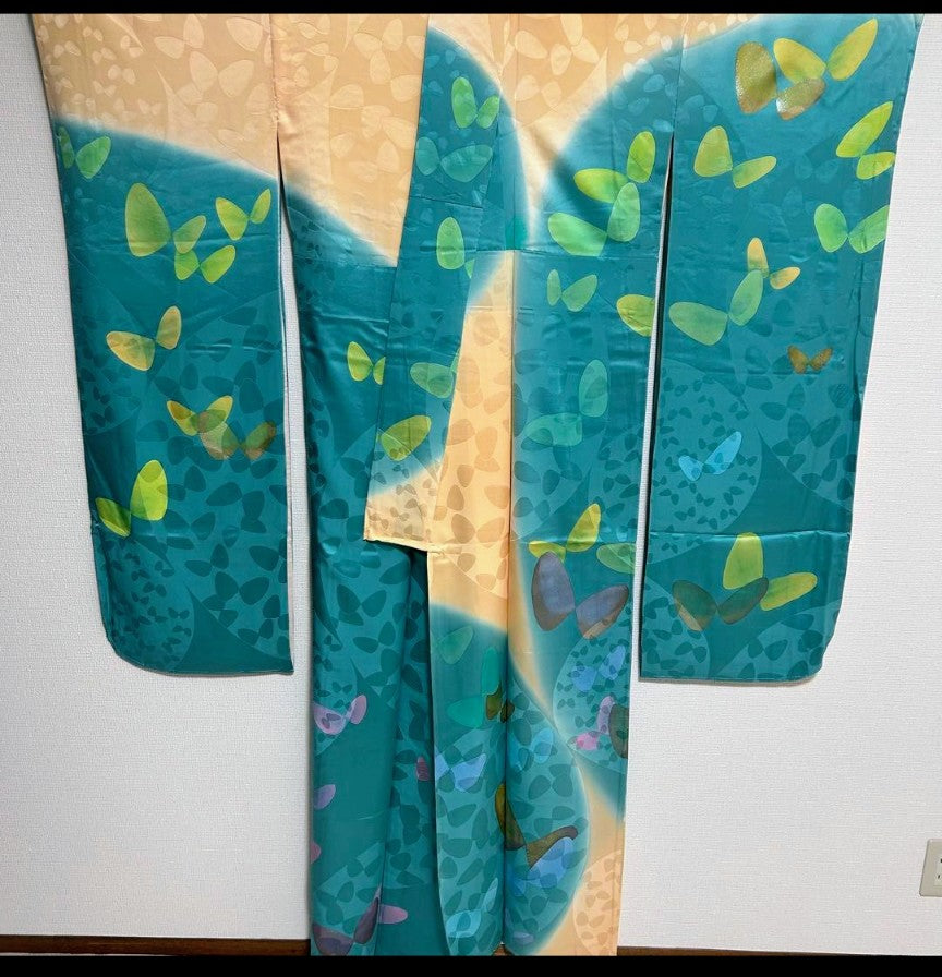 Luxurious Furisode 4-Piece Set | Turquoise Blue Butterfly | Tall Size | Free Shipping