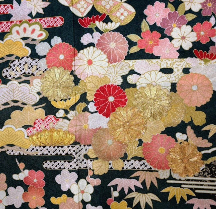 Furisode Full Set | Deep Green | Chrysanthemum & Shochikubai | Gold Thread | Pure Silk | Free Shipping