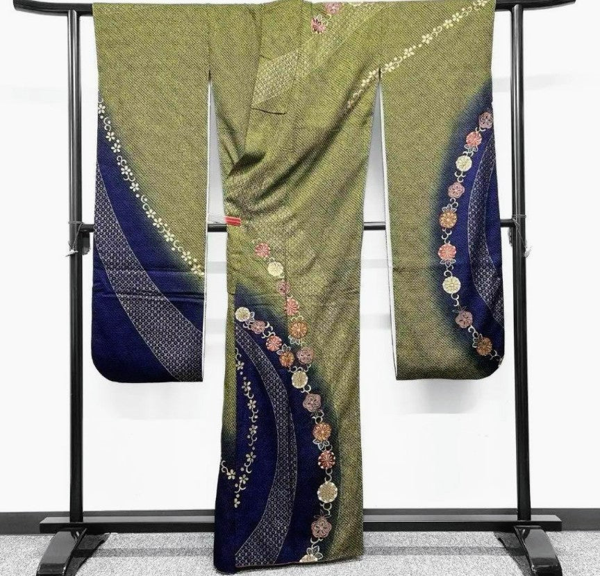 Pure Silk So-Shibori & Embroidery Furisode & Fukuro Obi 2-Piece Set - Deep Green Blue Purple Gradation with Gold - Phoenix & Chrysanthemum Obi - Pre-Owned　　　「Free Shipping Included」