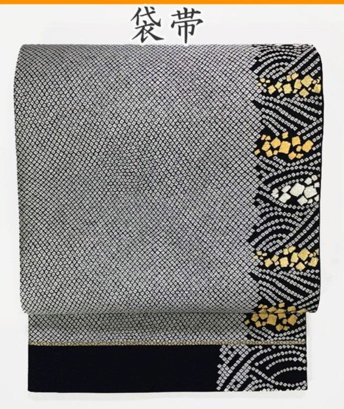 Kubota Itchiku Hōmongi & Fukuro Obi Set - Rare Checkered Pattern with Kanoko & Gold Silver Thread - Pure Silk - Pre-Owned
