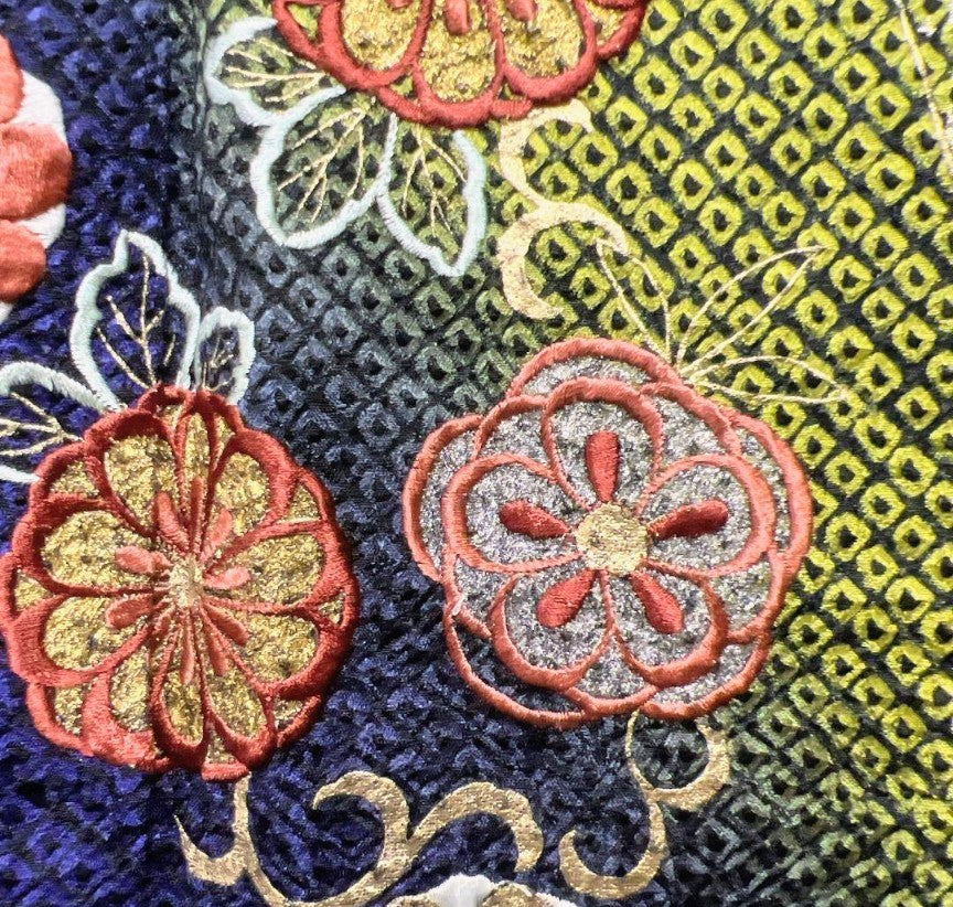 Pure Silk So-Shibori & Embroidery Furisode & Fukuro Obi 2-Piece Set - Deep Green Blue Purple Gradation with Gold - Phoenix & Chrysanthemum Obi - Pre-Owned　　　「Free Shipping Included」
