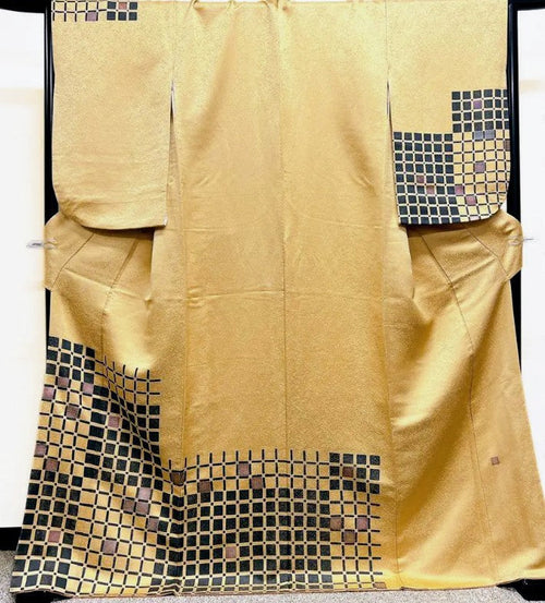 Kubota Itchiku Hōmongi & Fukuro Obi Set - Rare Checkered Pattern with Kanoko & Gold Silver Thread - Pure Silk - Pre-Owned