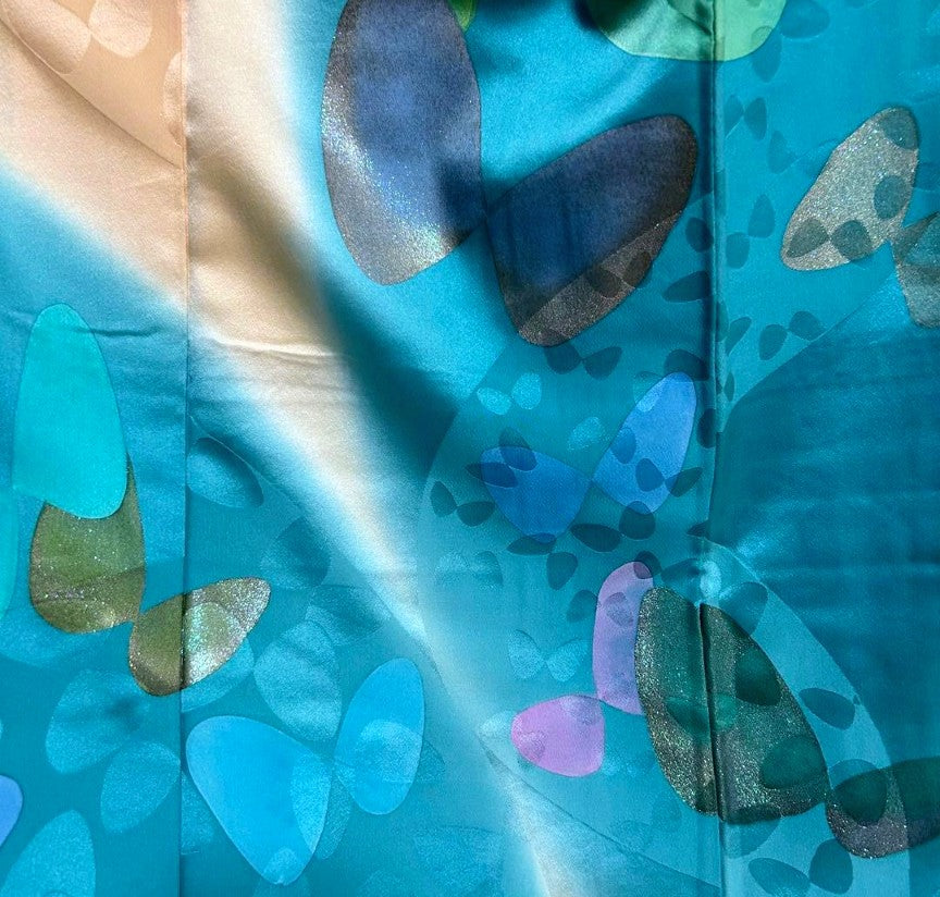 Luxurious Furisode 4-Piece Set | Turquoise Blue Butterfly | Tall Size | Free Shipping