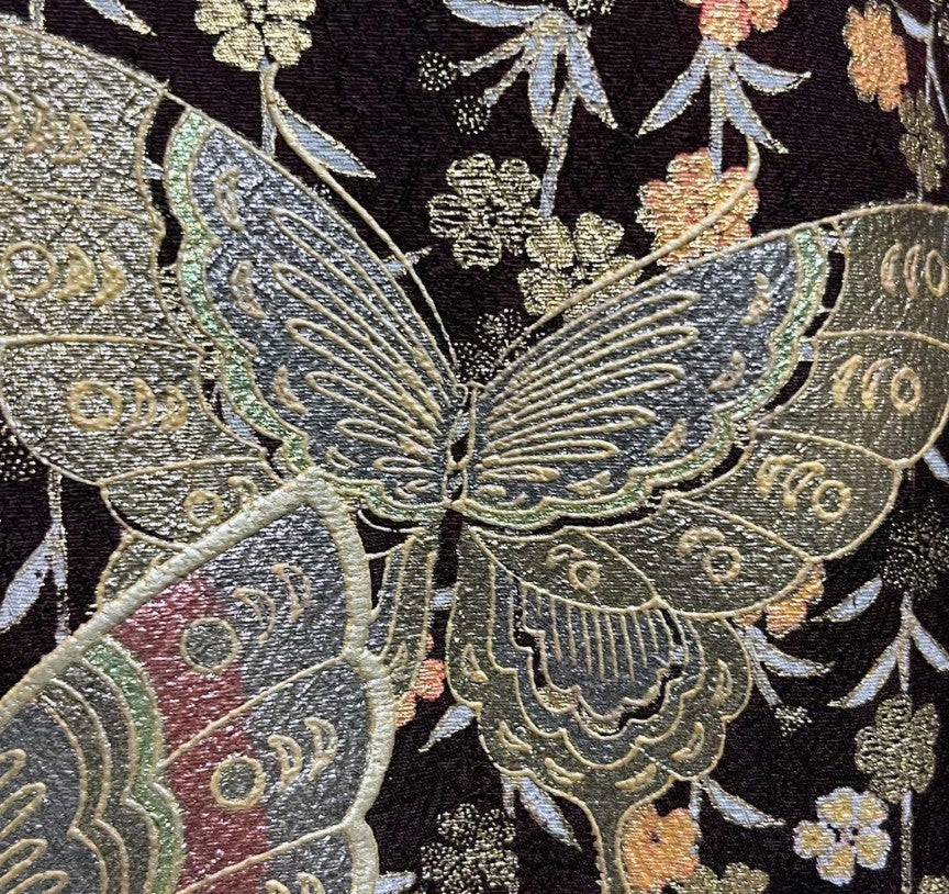 Pure Silk Furisode & Fukuro Obi 2-Piece Set - Butterfly & Weeping Branch with Gold Embellishments, Fukuro obi (formal sash) with butterfly embroidery and gold thread.　「Free Shipping Included」