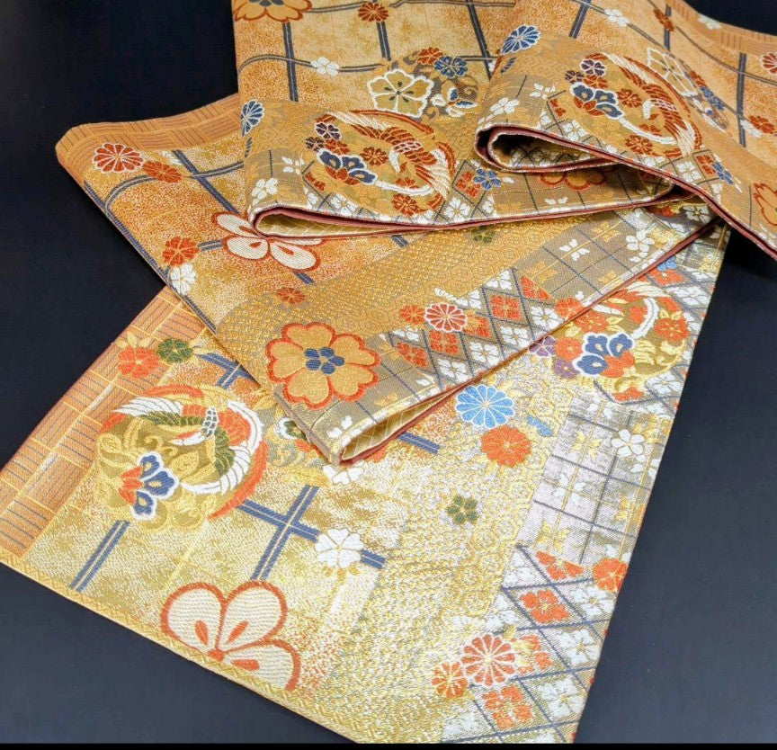 Pure Silk So-Shibori & Embroidery Furisode & Fukuro Obi 2-Piece Set - Deep Green Blue Purple Gradation with Gold - Phoenix & Chrysanthemum Obi - Pre-Owned　　　「Free Shipping Included」