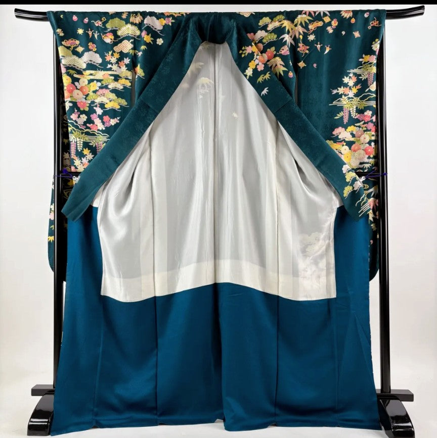 Furisode Full Set | Deep Green | Chrysanthemum & Shochikubai | Gold Thread | Pure Silk | Free Shipping