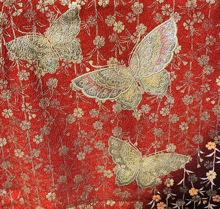 Pure Silk Furisode & Fukuro Obi 2-Piece Set - Butterfly & Weeping Branch with Gold Embellishments, Fukuro obi (formal sash) with butterfly embroidery and gold thread.　「Free Shipping Included」