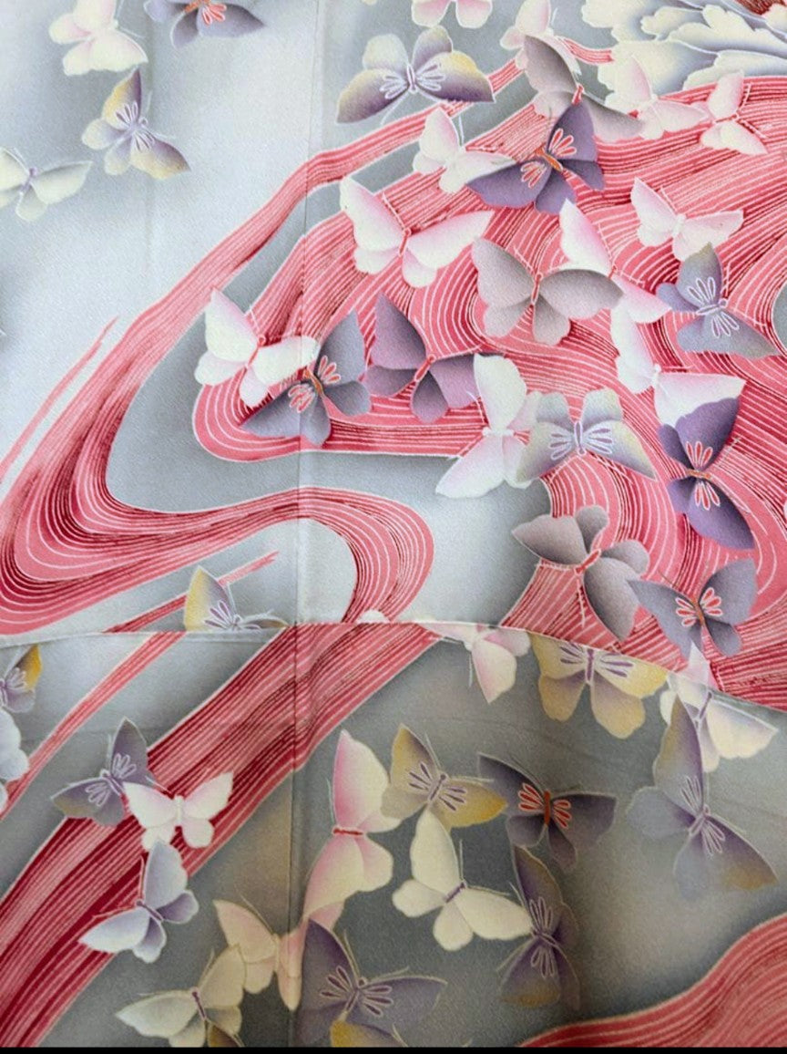 [Excellent Condition] Pure Silk Furisode & Obi Set – Dusty Pink, Flowing Water & Butterfly Floral Pattern, Artist’s Seal / Butterfly Embroidery Gold Obi / Lined