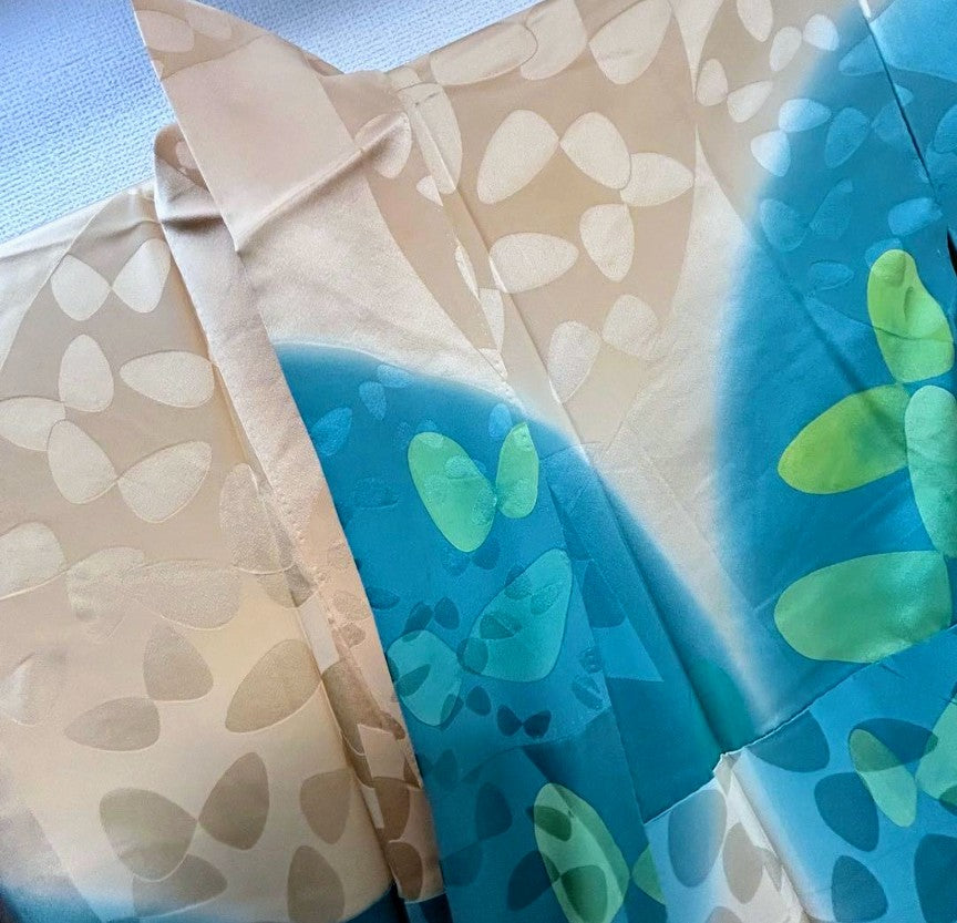 Luxurious Furisode 4-Piece Set | Turquoise Blue Butterfly | Tall Size | Free Shipping