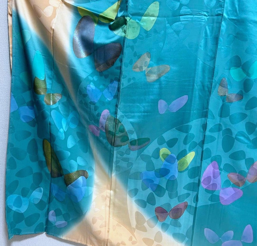 Luxurious Furisode 4-Piece Set | Turquoise Blue Butterfly | Tall Size | Free Shipping