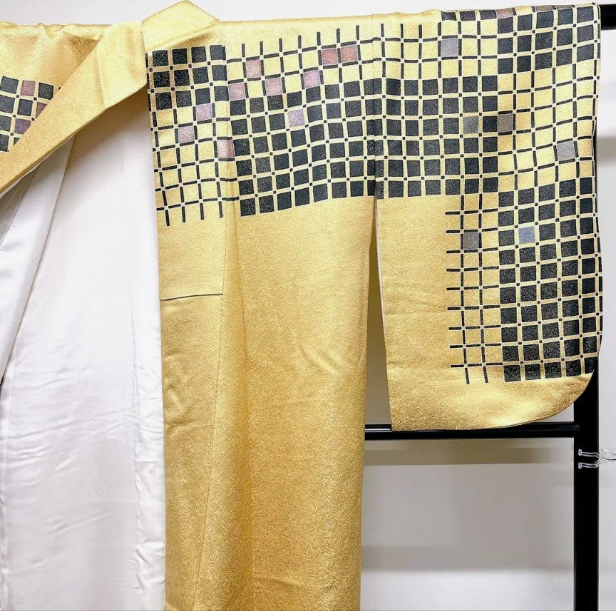 Kubota Itchiku Hōmongi & Fukuro Obi Set - Rare Checkered Pattern with Kanoko & Gold Silver Thread - Pure Silk - Pre-Owned