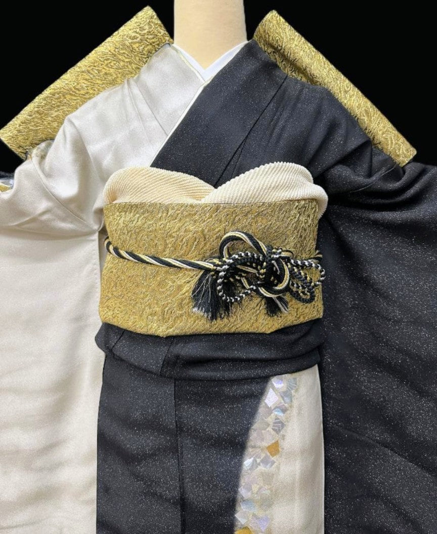 Hori Shohei Furisode Full Set - Champagne Gold & Black with Gold Leaf - Pre-Owned　「Free Shipping Included」