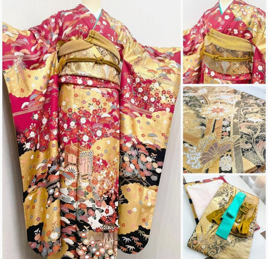 Pure Silk Furisode 6-Piece Set - Crimson Classical Pattern with Gold & Black Gradation, Nishijin Obi - Tall Size - Pre-Owned　「Free Shipping Included」This is a great value set.