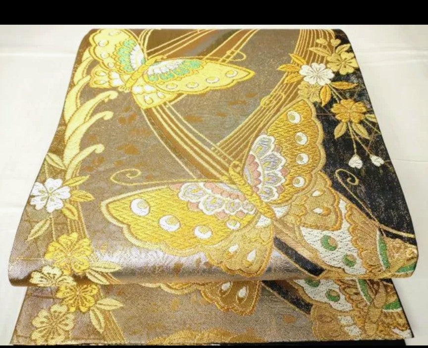 Pre-Owned Furisode Kimono – Butterfly & Silver Thread Pattern | Pure Silk | With Gold Obi Sash