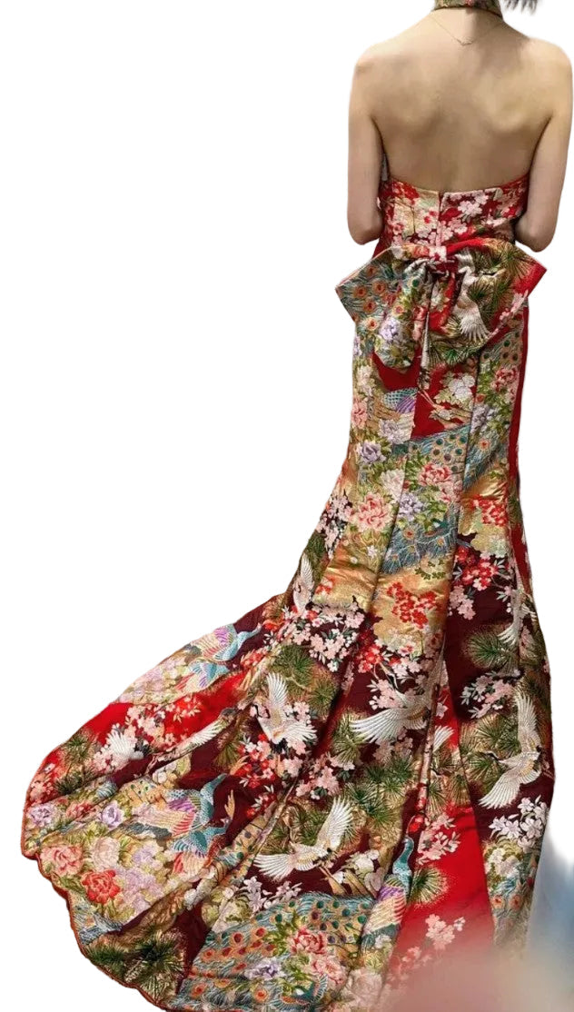 Furisode Remake Dress - Vibrant Japanese Kimono Fabric Halter Neck with Back Ribbon - Pre-Owned　「Free Shipping Included」