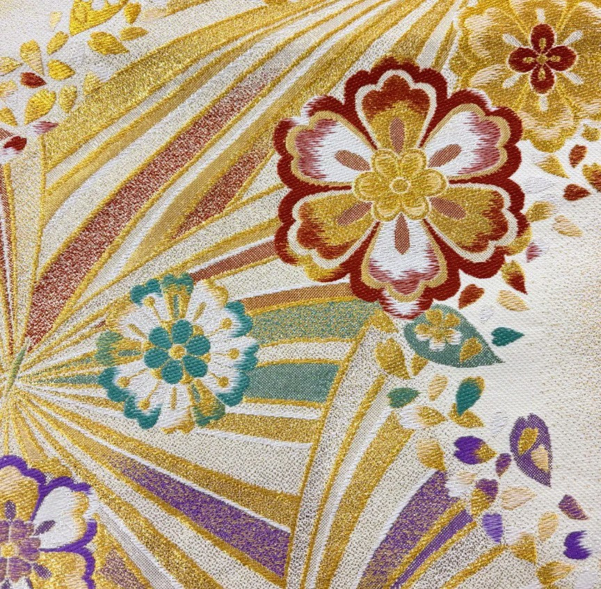 [Excellent Condition] Furisode Kimono Full Set – Body Length 169cm / Sleeve Length 67.5cm / Size L / Lined / Fukuro Obi Included – Bridge & Cherry Blossom Motif, Silver & Gold Embroidery, Grey-Purple, Pure Silk, Masterpiece