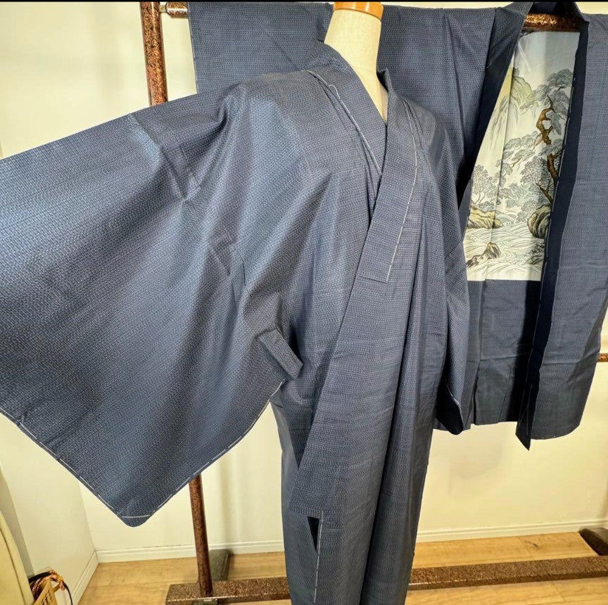 Men's Authentic Oshima Tsumugi Kimono & Haori Ensemble - Navy Tall Size with Certificate - Basting Threads Intact - Pre-Owned