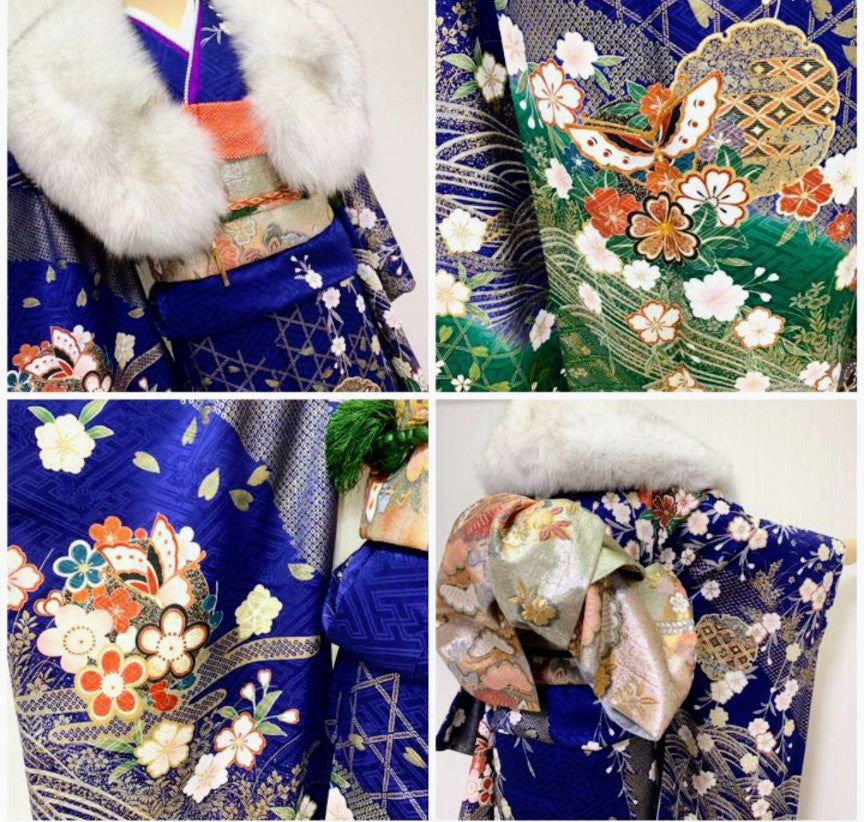 Kyo-Yuzen Furisode 3-Piece Set - Navy Pure Silk Rinzu with Gold Leaf Classical Pattern - Pre-Owned