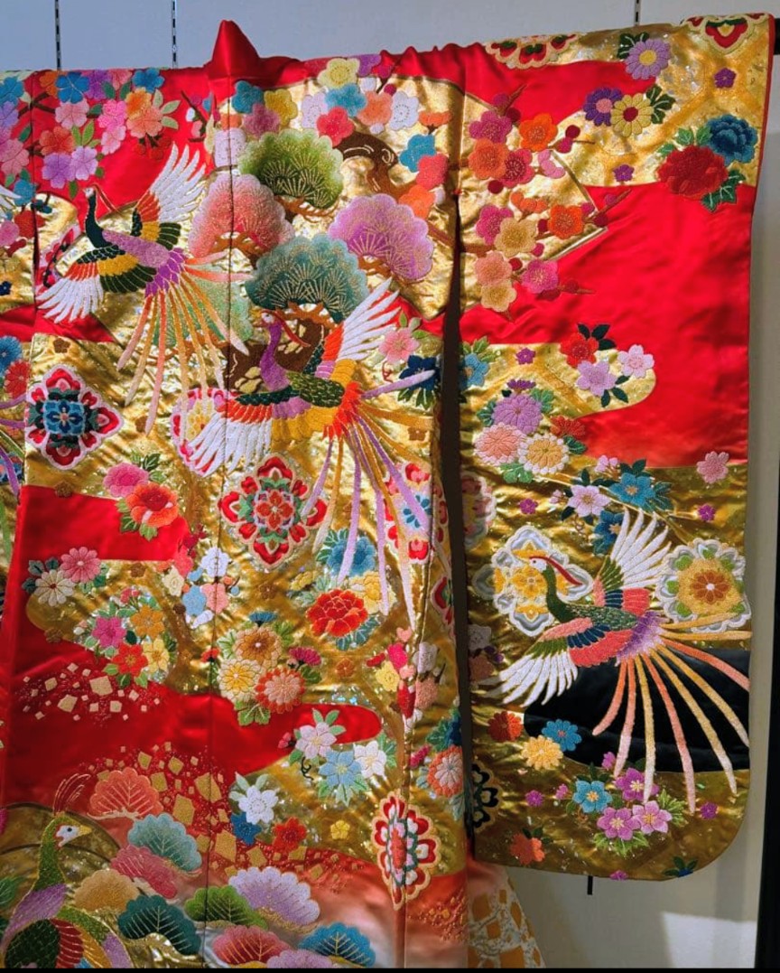 Traditional Red Uchikake Wedding Kimono with Sagara Embroidery - Cranes & Florals