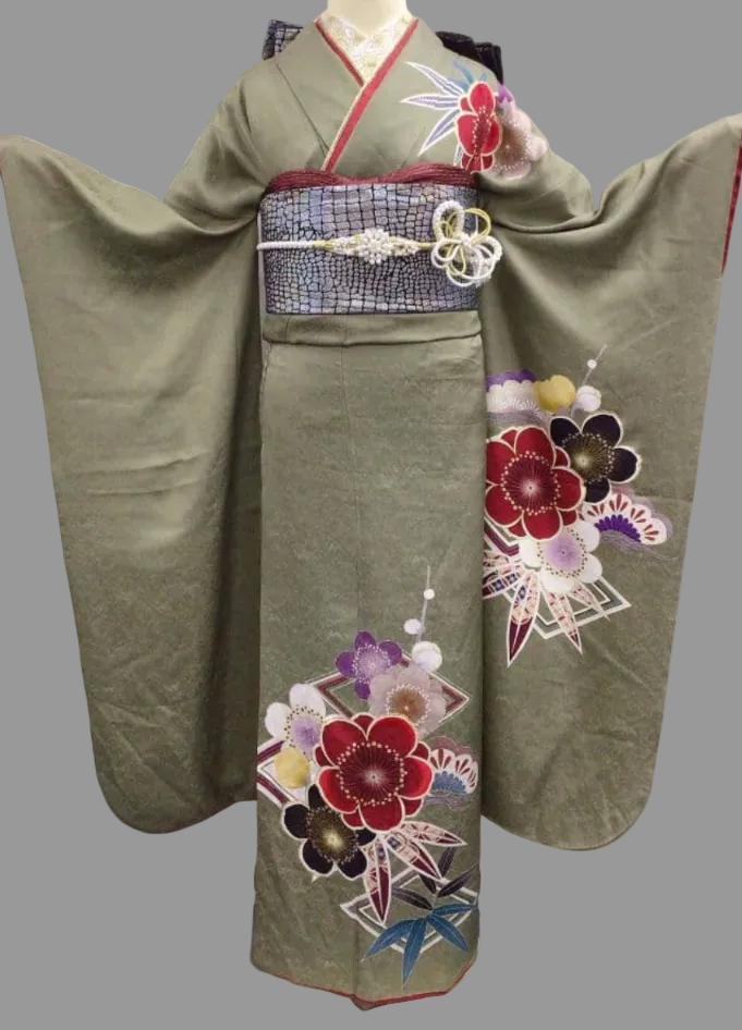 Lustrous Uguisu Green Furisode with Bold Red Floral Pattern & Sparkling Obi - Full Set