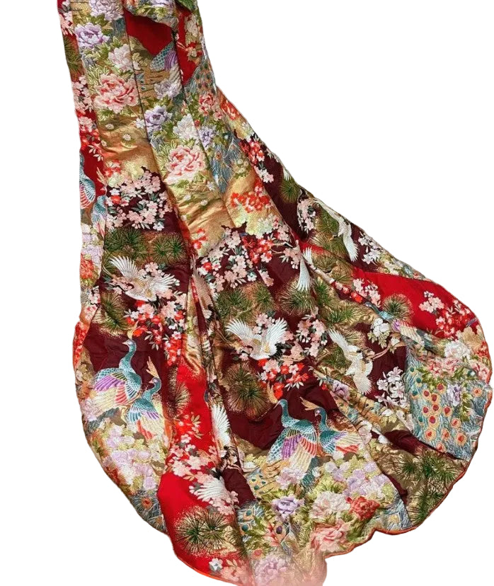Furisode Remake Dress - Vibrant Japanese Kimono Fabric Halter Neck with Back Ribbon - Pre-Owned　「Free Shipping Included」