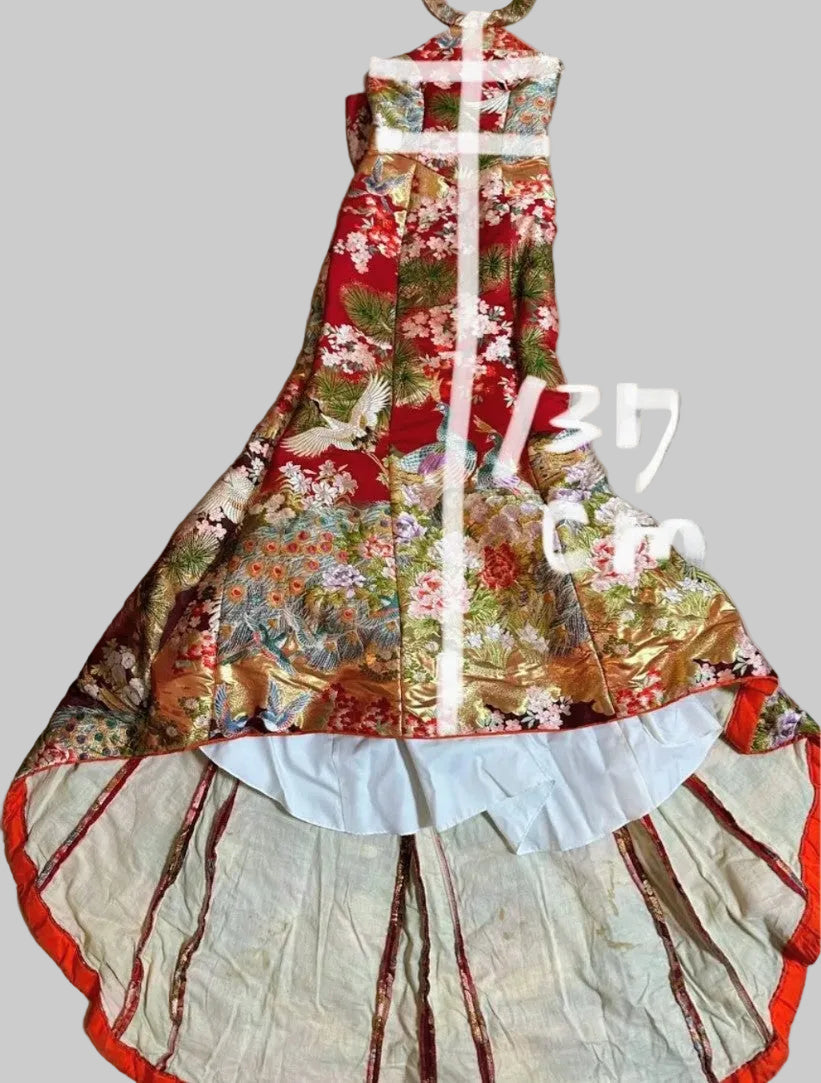 Furisode Remake Dress - Vibrant Japanese Kimono Fabric Halter Neck with Back Ribbon - Pre-Owned　「Free Shipping Included」