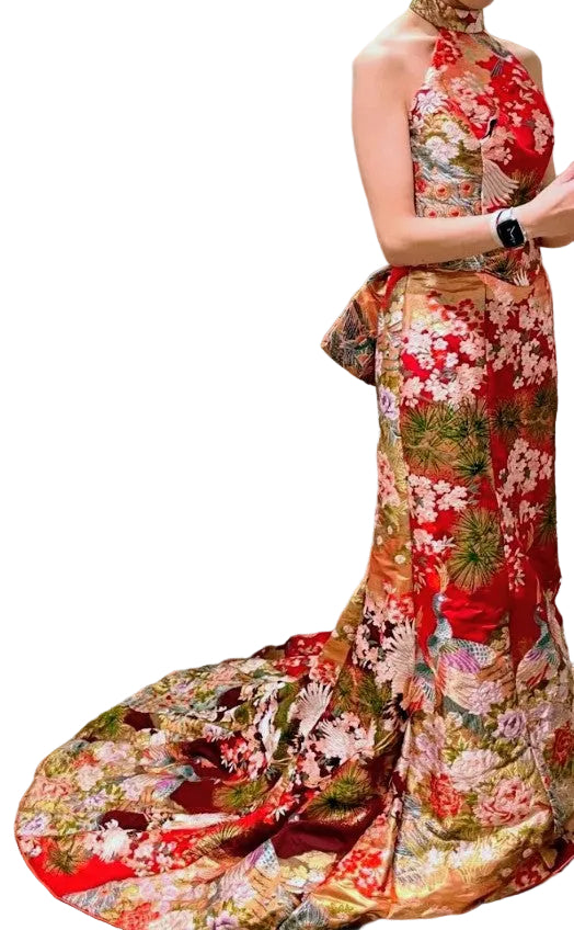 Furisode Remake Dress - Vibrant Japanese Kimono Fabric Halter Neck with Back Ribbon - Pre-Owned　「Free Shipping Included」
