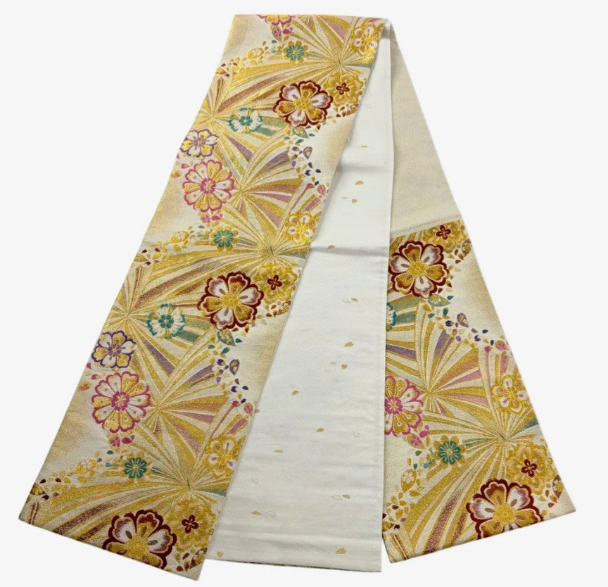 [Excellent Condition] Furisode Kimono Full Set – Body Length 169cm / Sleeve Length 67.5cm / Size L / Lined / Fukuro Obi Included – Bridge & Cherry Blossom Motif, Silver & Gold Embroidery, Grey-Purple, Pure Silk, Masterpiece