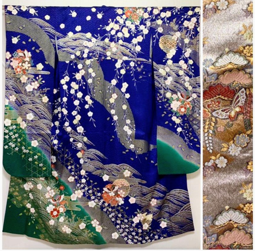 Kyo-Yuzen Furisode 3-Piece Set - Navy Pure Silk Rinzu with Gold Leaf Classical Pattern - Pre-Owned
