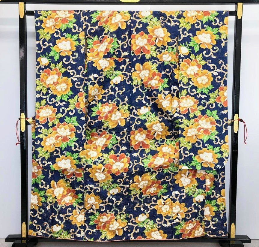 Pure Silk Furisode & Saga Nishiki Obi 2-Piece Set - Navy Peony Floral Arabesque with Gold Thread - Pre-Owned　「Free Shipping Included」