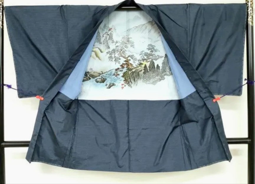 Men's Authentic Oshima Tsumugi 3-Piece Ensemble - Kimono, Long Haori & Juban - Abstract Pattern with Certificate - Pre-Owned