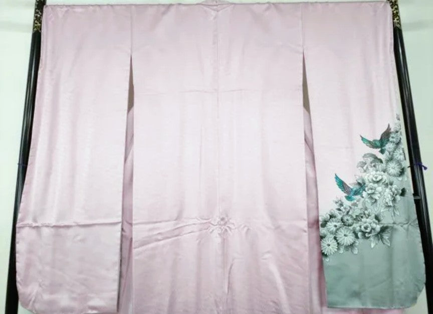 Saito Sansai Furisode, Juban & Fukuro Obi 3-Piece Set - Dancing Crane & Floral Gold Thread - Tall Size - Pre-Owned　「Free Shipping Included」