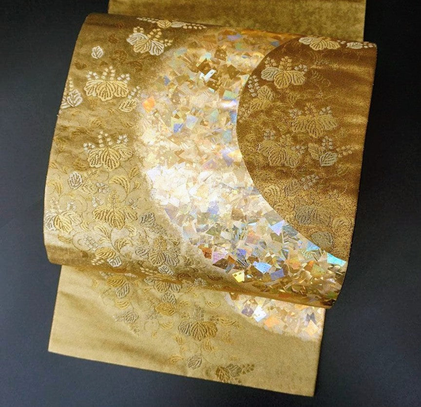 Hori Shohei Furisode & Obi 2-Piece Set - Gold Leaf Kinka-ori Floral Gradation - Pure Silk - Pre-Owned