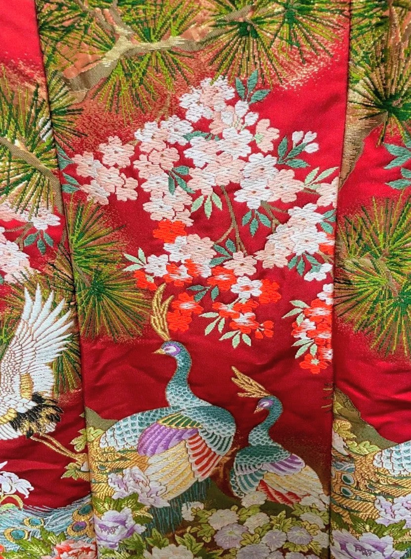 Furisode Remake Dress - Vibrant Japanese Kimono Fabric Halter Neck with Back Ribbon - Pre-Owned　「Free Shipping Included」